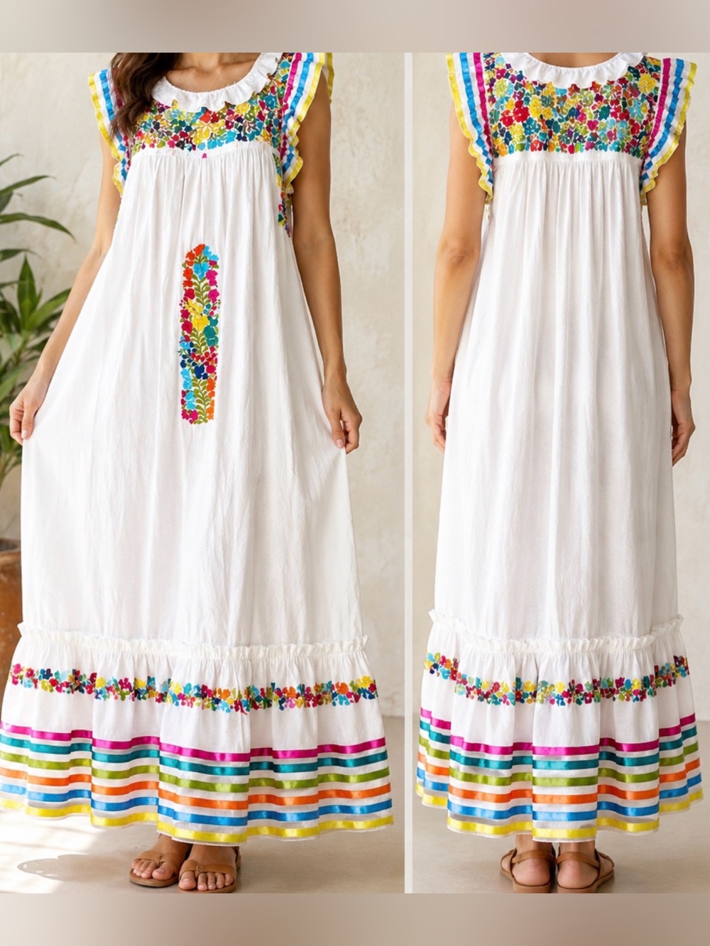 Mi Golondrina White Floral Embroidered Ruffle Maxi Dress Rainbow Trim Size M